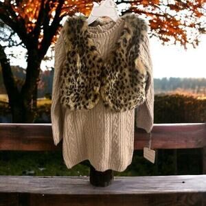 NWT Catherine Malandrino Girls Sz 3T‎ Cable Knit Sweater Dress Vest Hat Leopard